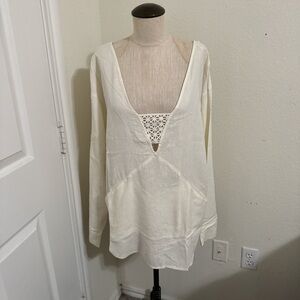 Free People Cream Deep V Crochet Tunic